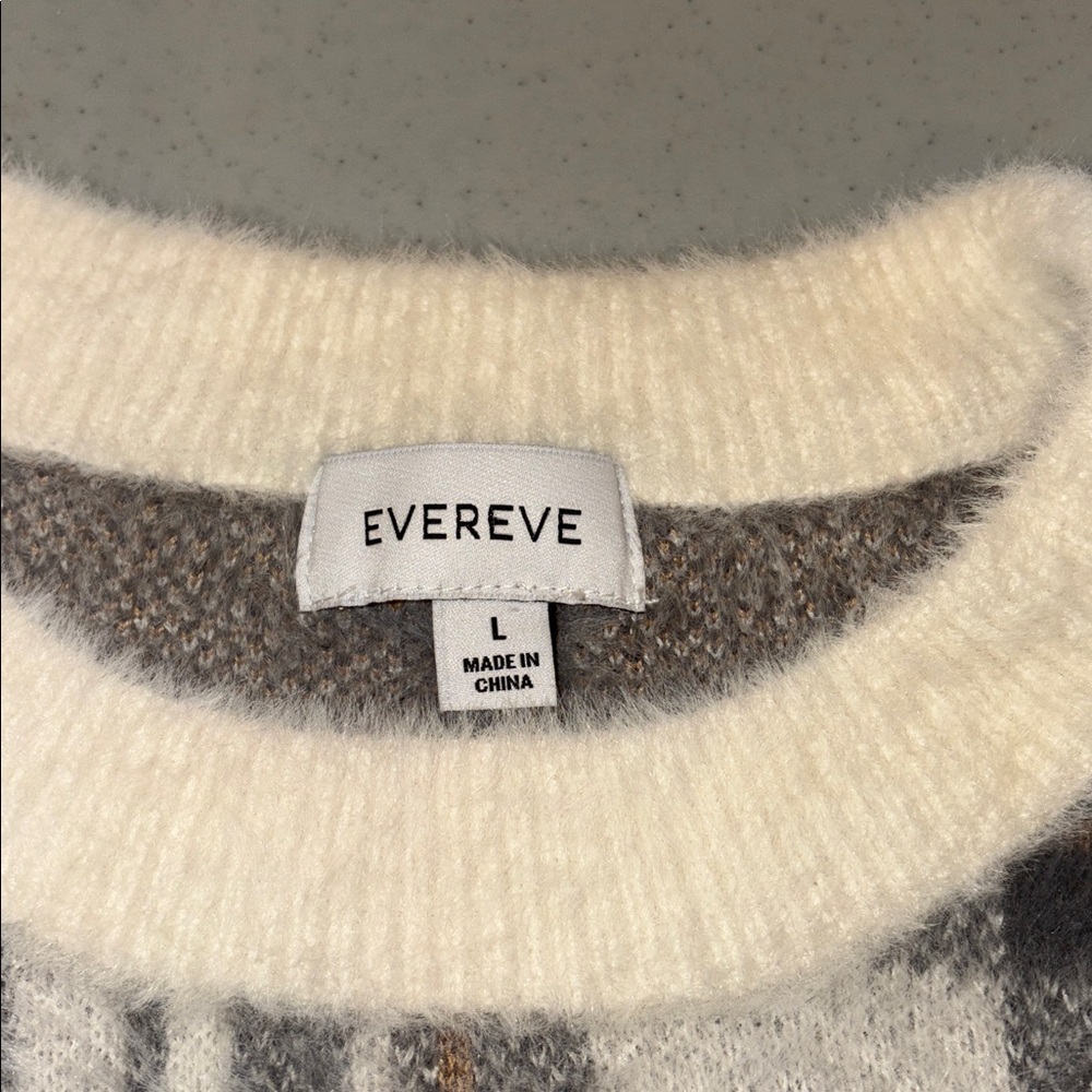 Evereve Woman’s L Plaid Knit Sweater Cream Gray Brown with Balloon Sleeves. - Picture 2 of 6